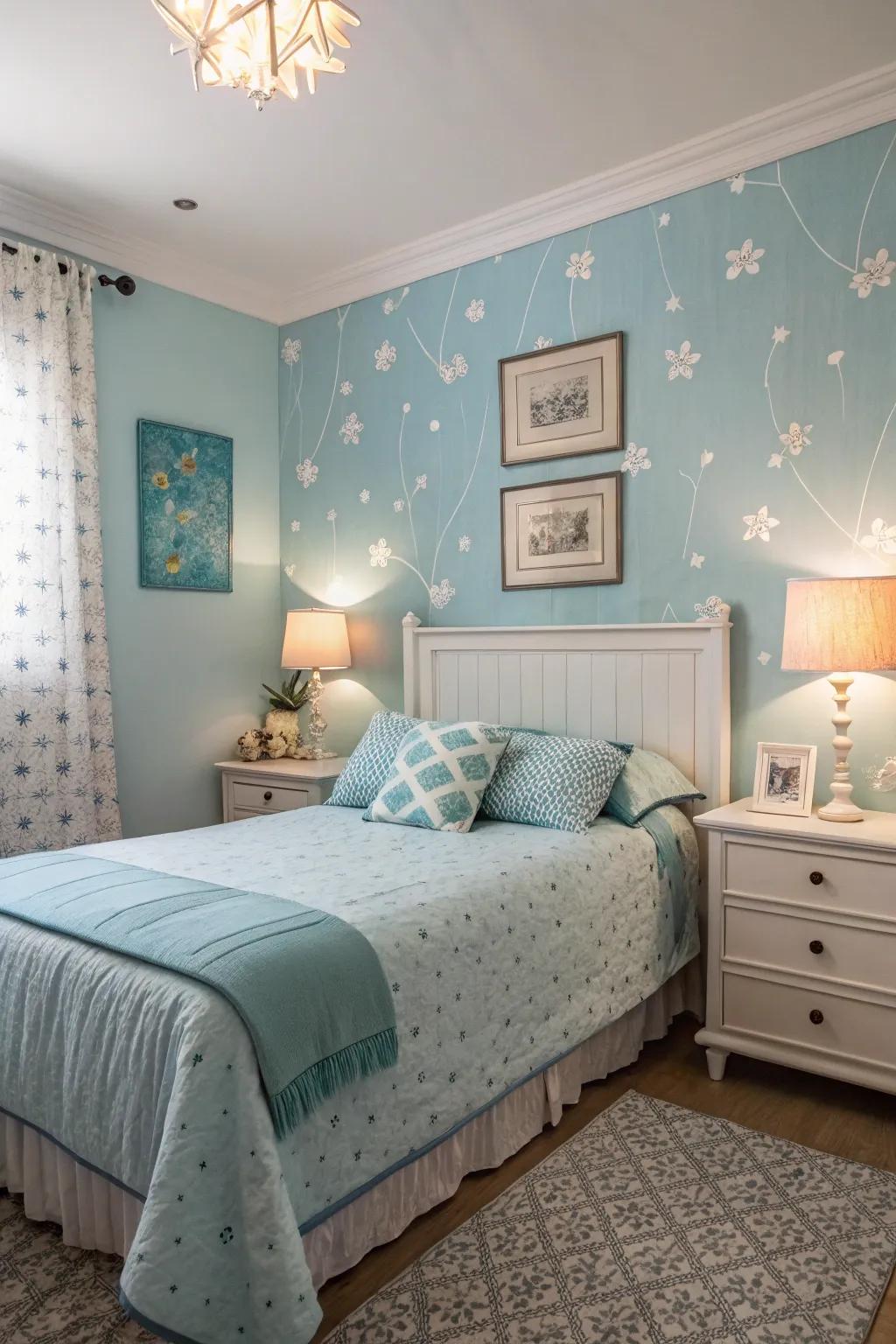 Soothing lighting enhances the tranquility of a sky blue bedroom.