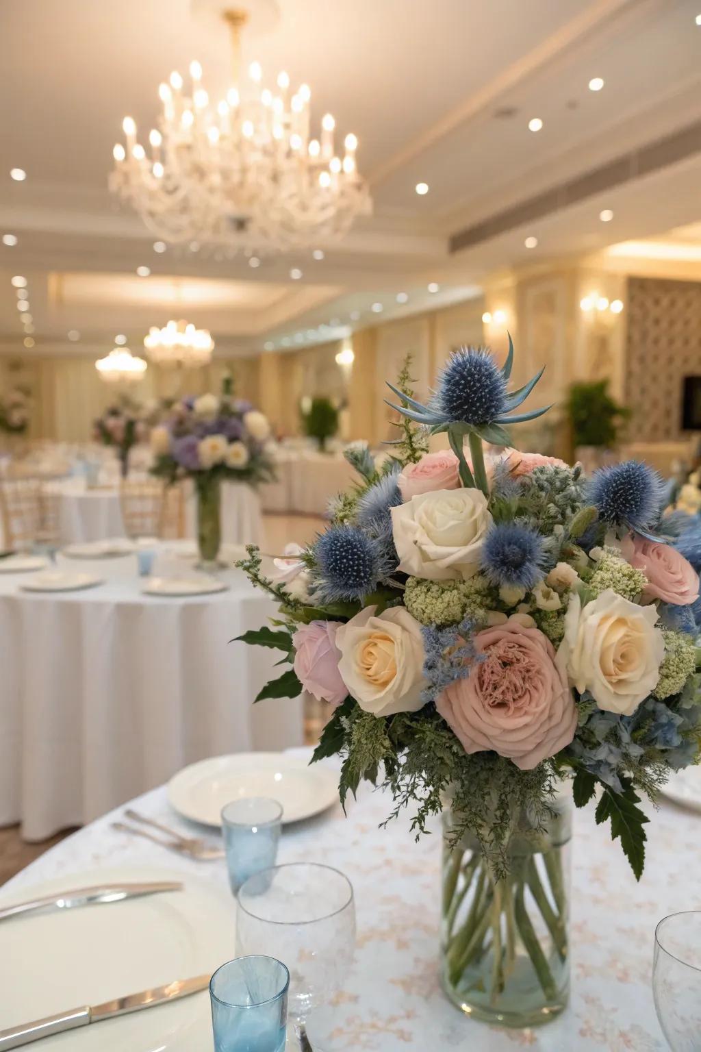 Sky blossom centerpieces contribute texture and dimension to the aesthetic.