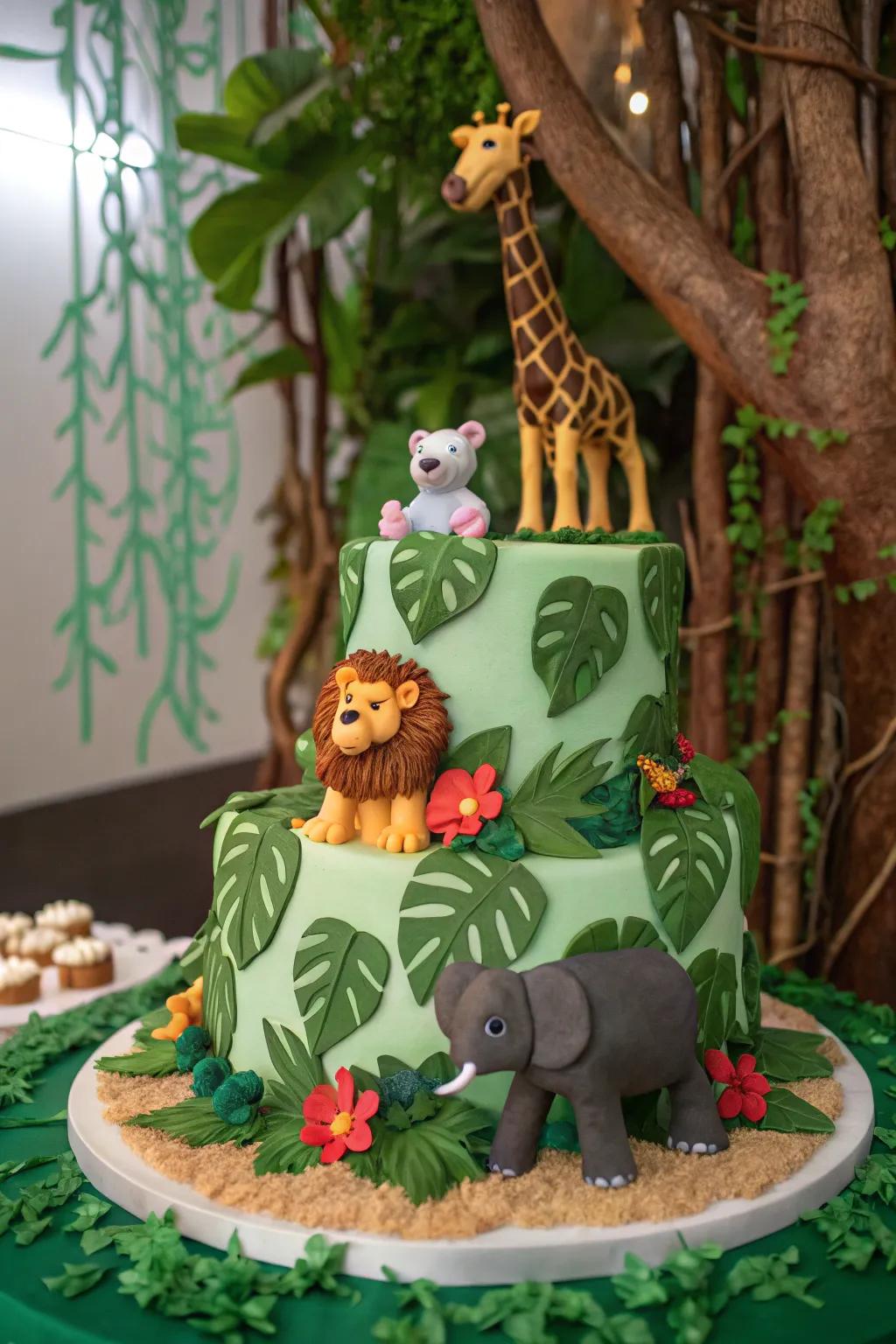 A safari-inspired cake featuring adventurous and wild elements.