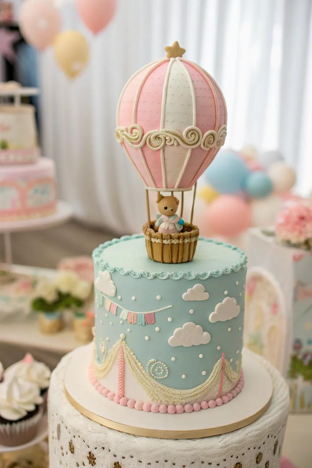 A whimsical hot air balloon cake for a baby boy shower.