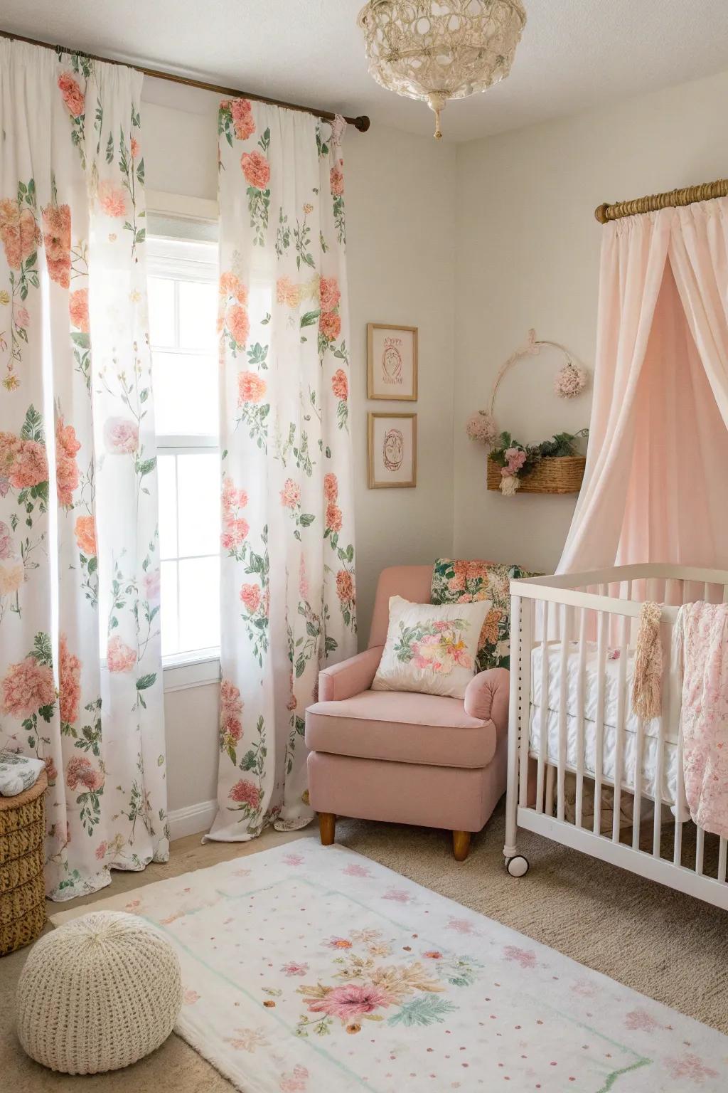 Blossom curtains add beauty and frame the nursery beautifully.