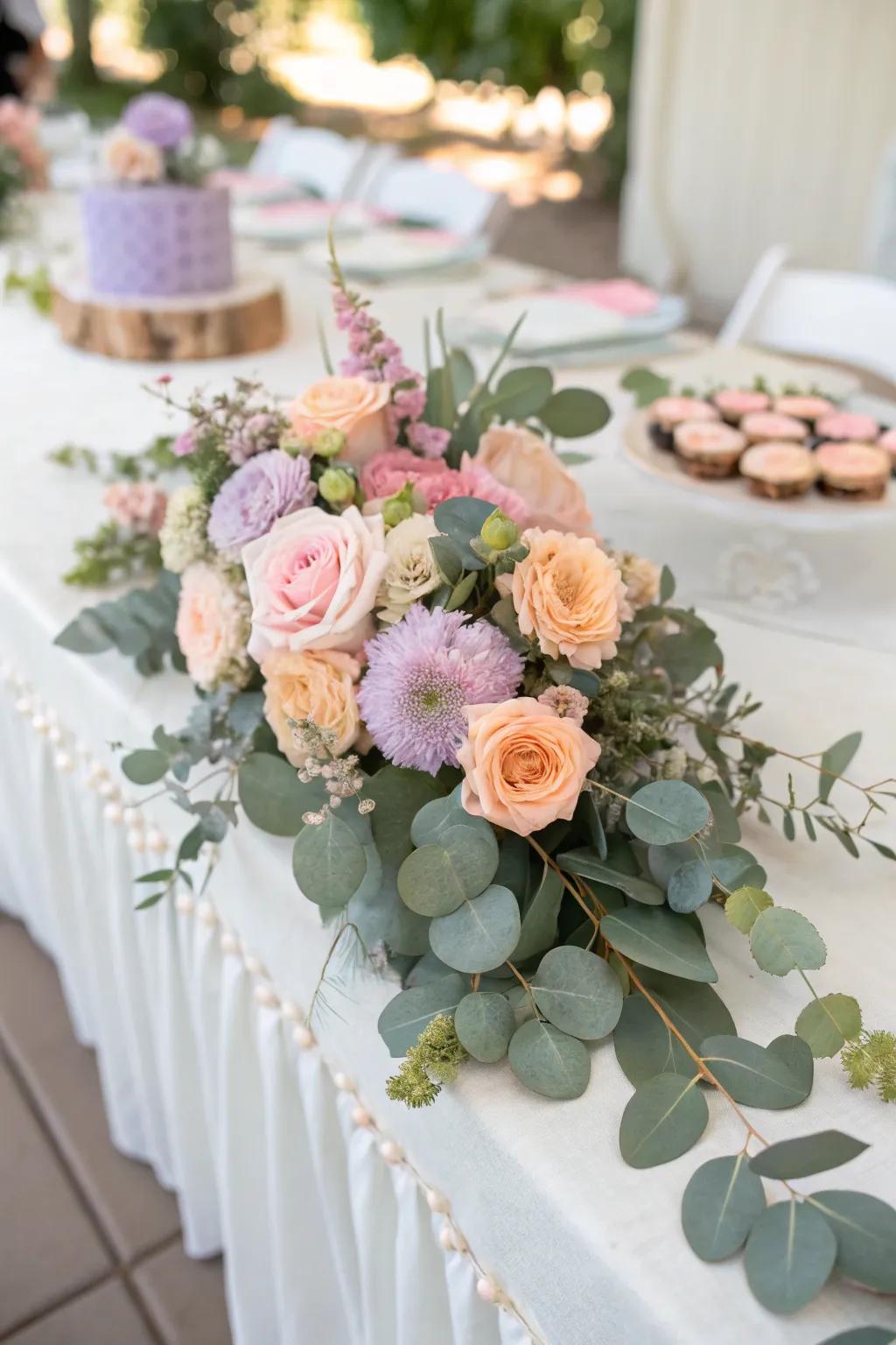 An elegant silvery green and floral centerpiece