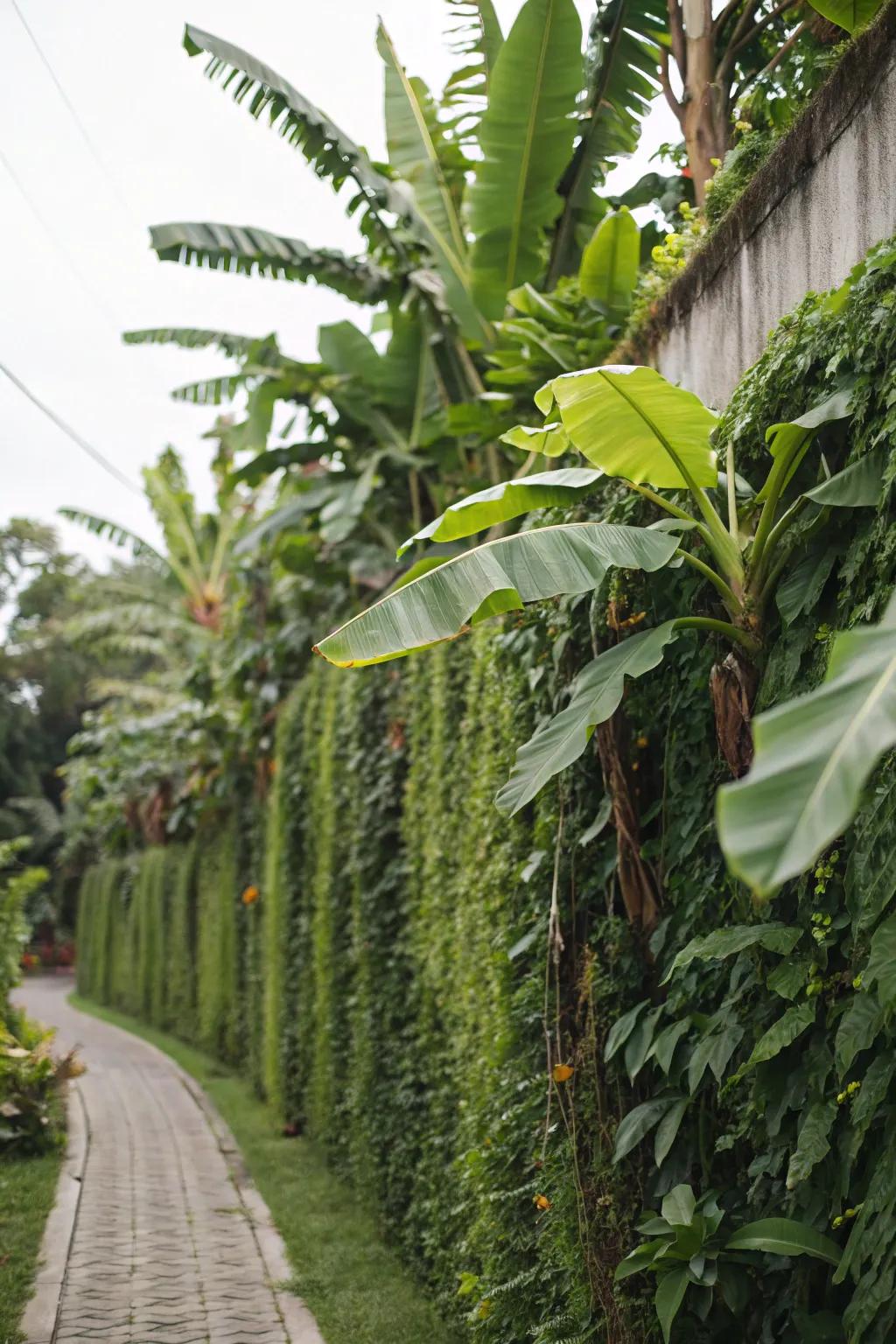 Design a lush vertical wall with banana trees and climbing flora.