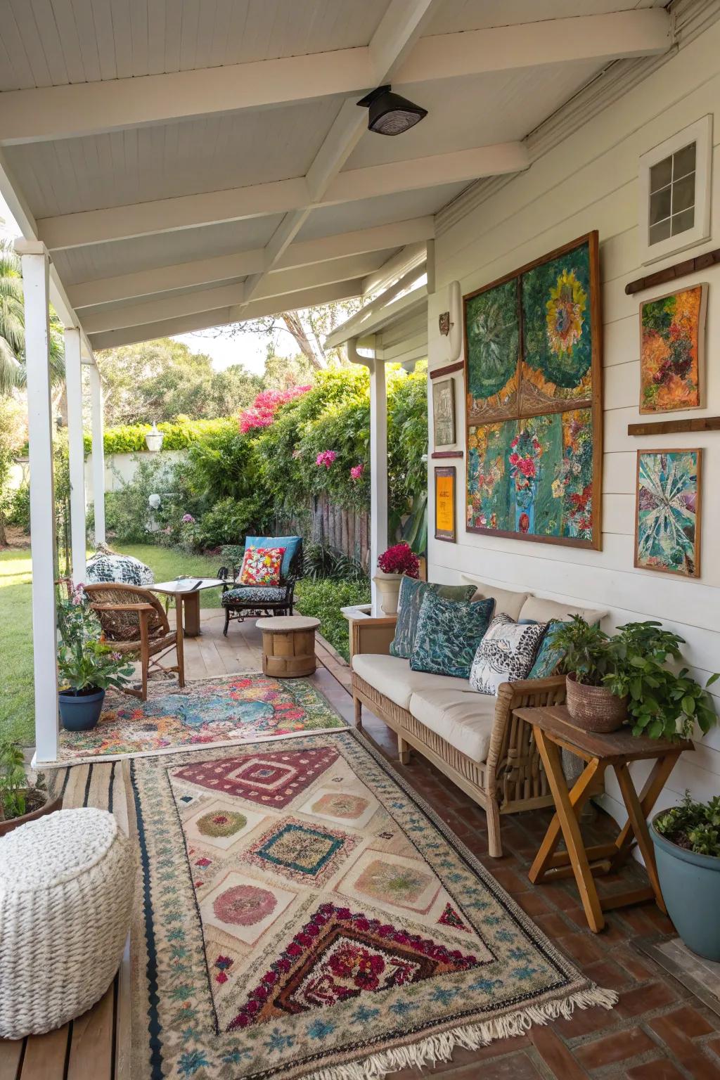 An eclectic mix of decor adding character to an outdoor space.