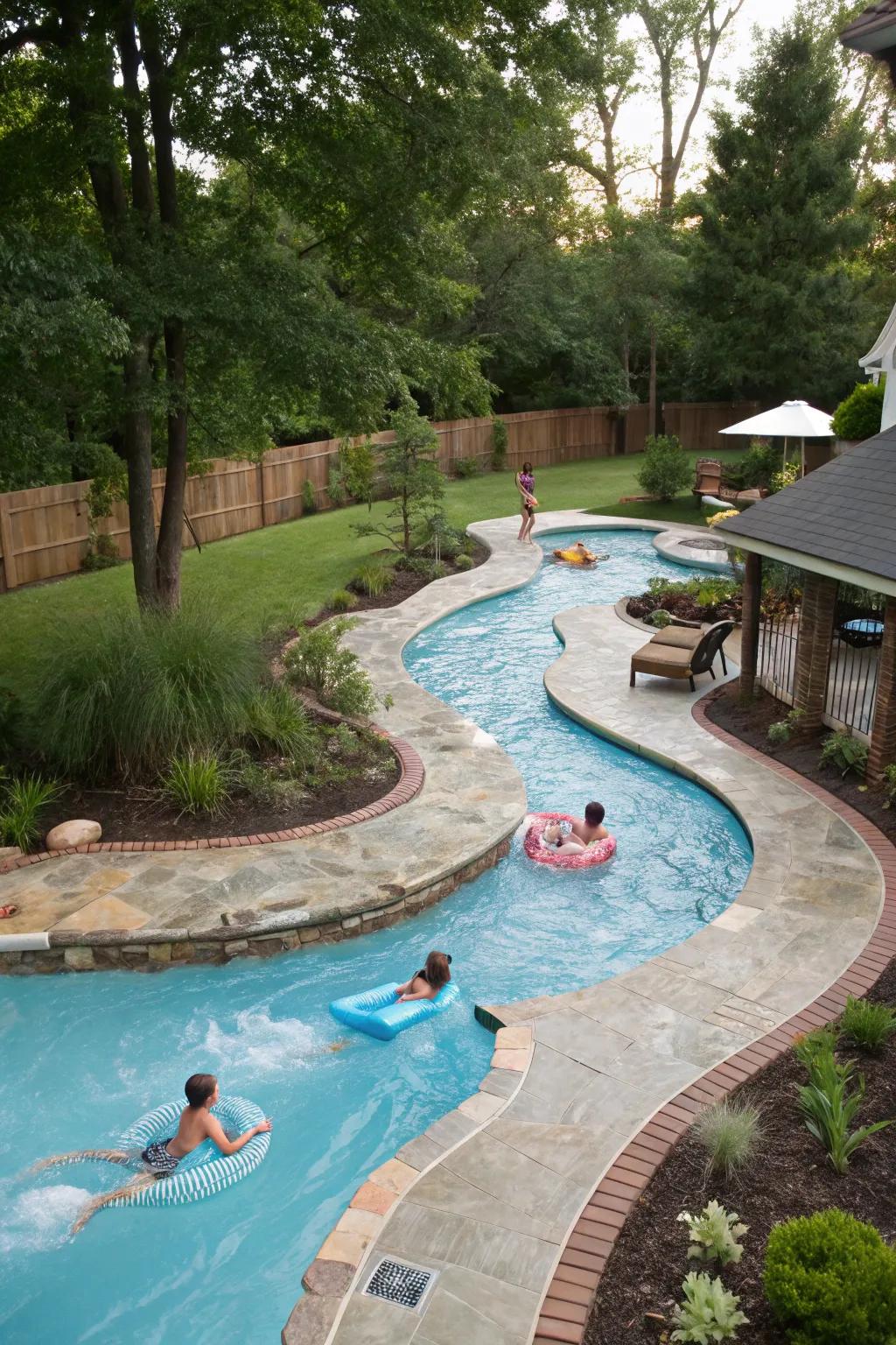 A meandering pool with adjustable current speeds for diverse experiences.