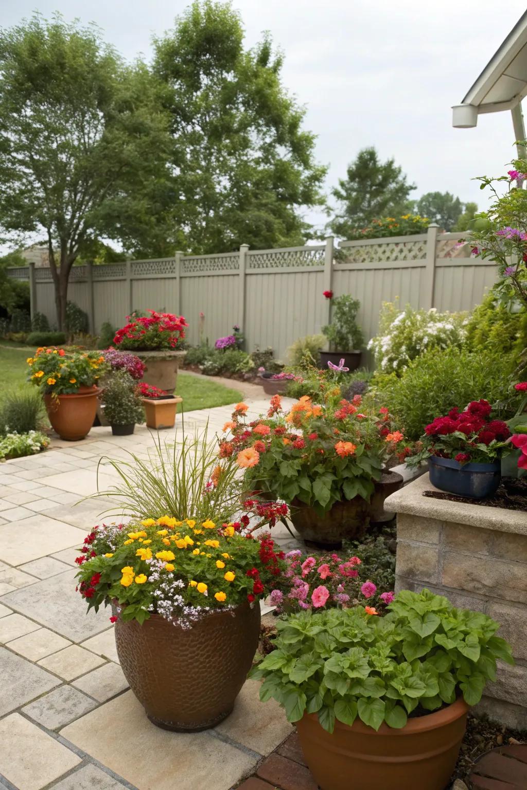Box gardens extend vivid tints and pliability across your patio.