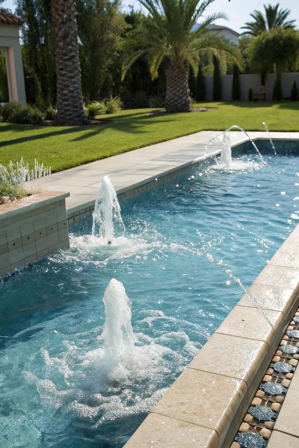 Bubbling fountains inject a playful and serene element.