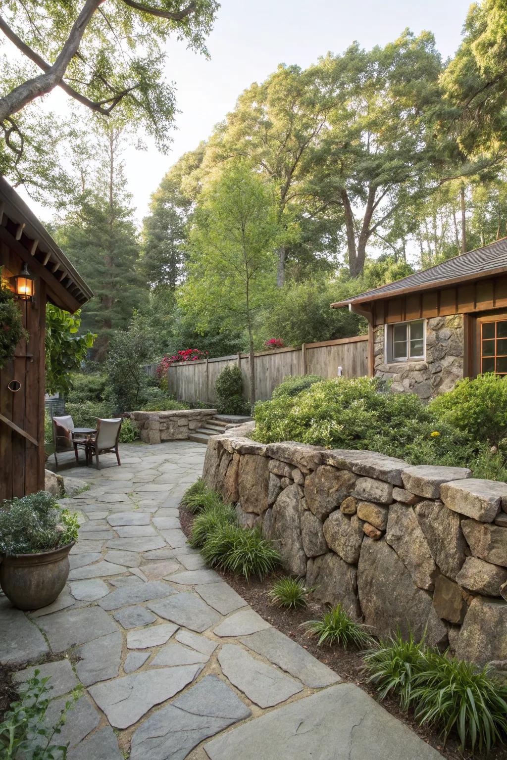 A natural stone wall adds charm and solitude.