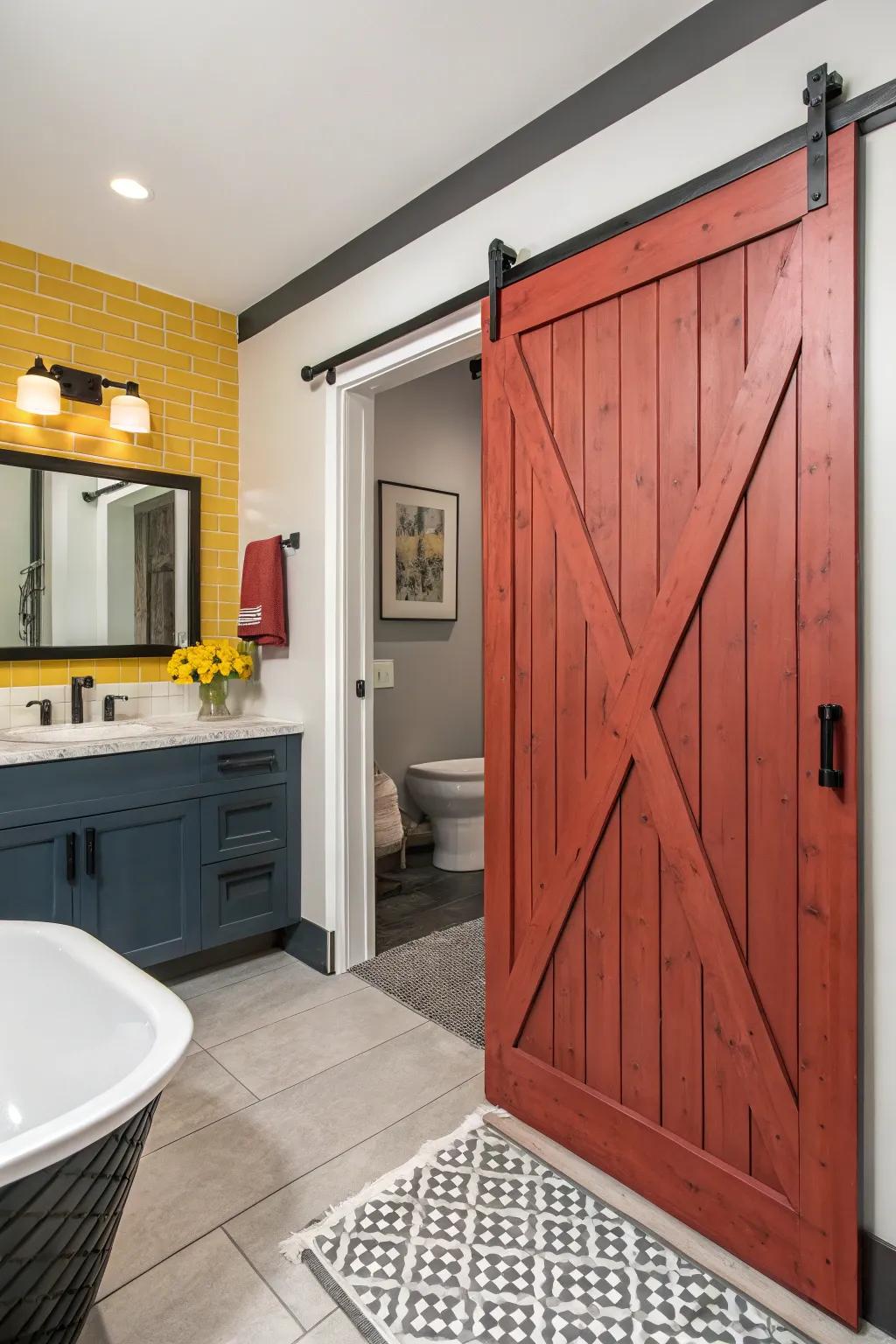 Contrasting colors make the barn door a standout feature.