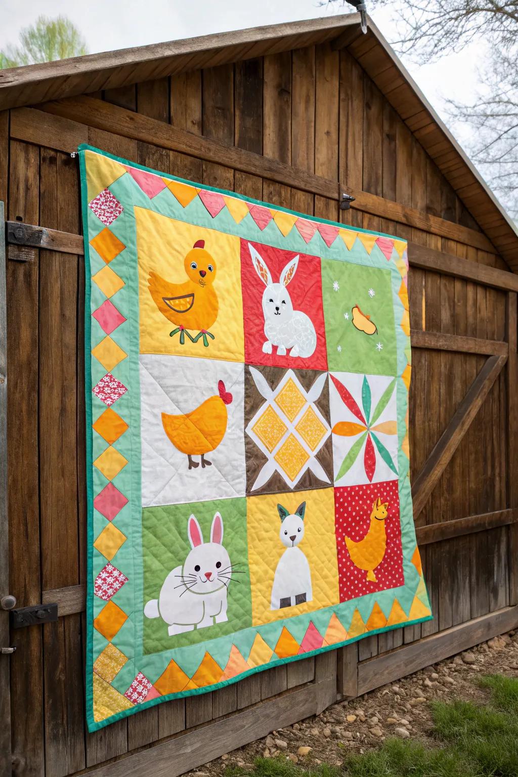 Whimsical animal motif barn quilt.