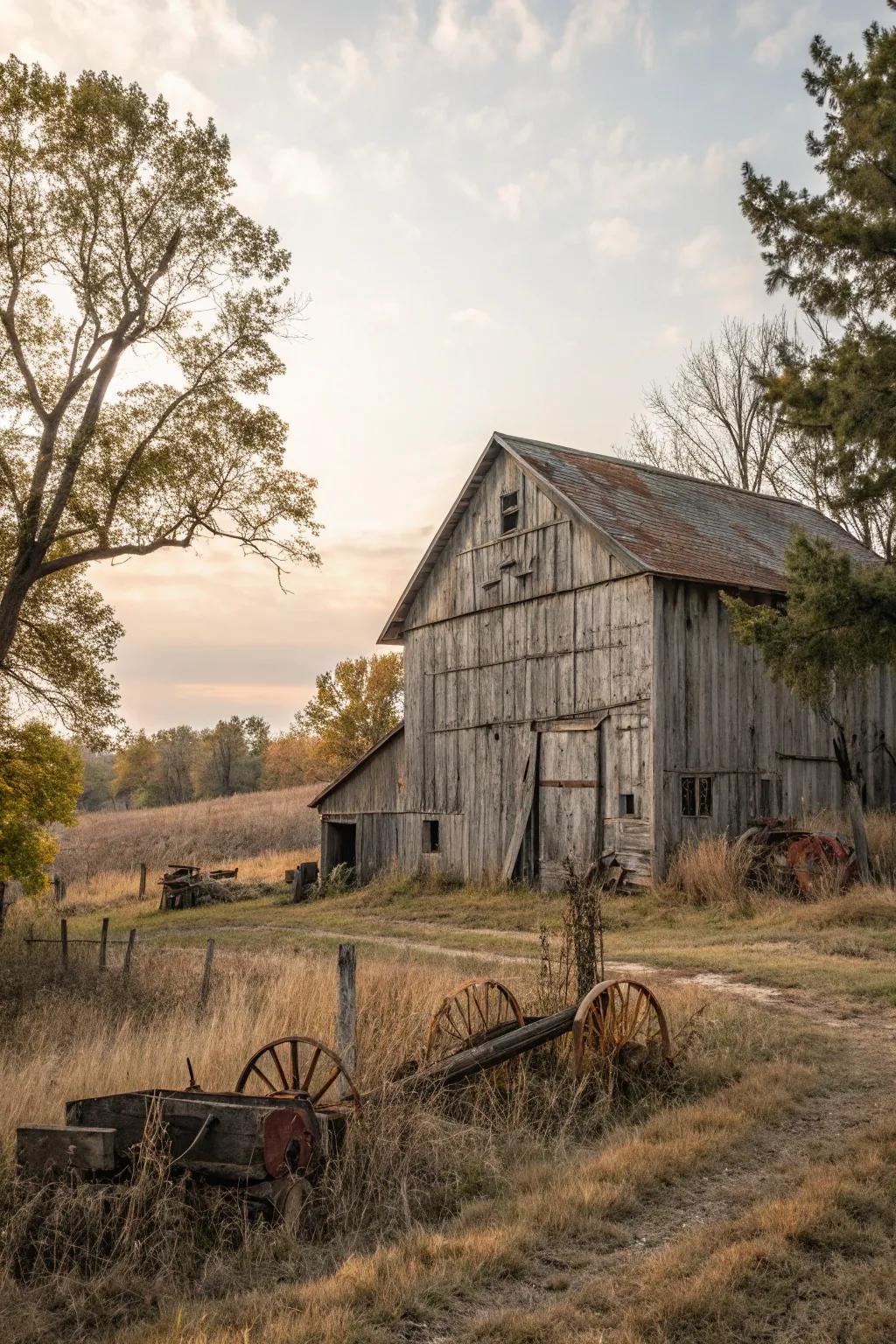 A barn with weathered wood siding tells a story through its patina.