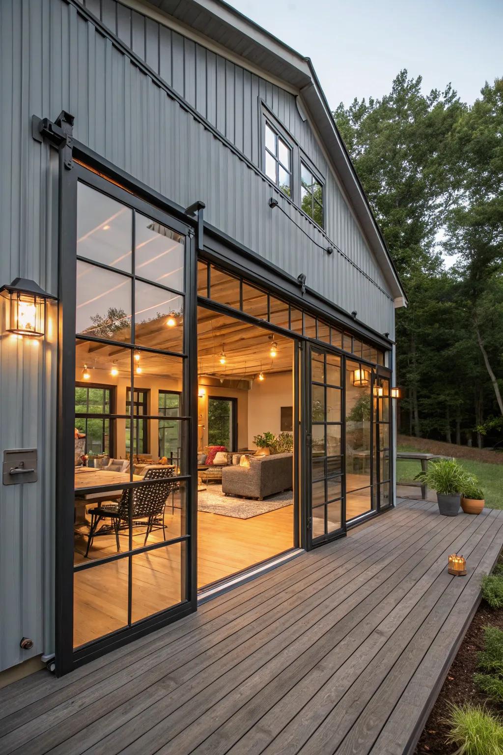 Modern vitrine carriage entrances providing a seamless indoor-outdoor connection.