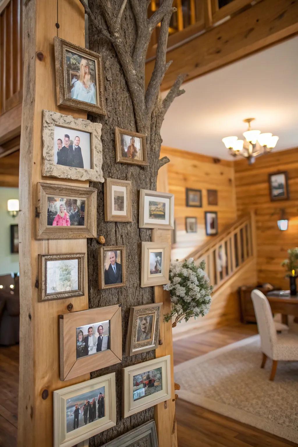 Reclaimed wood frames arranged in a family history pattern.