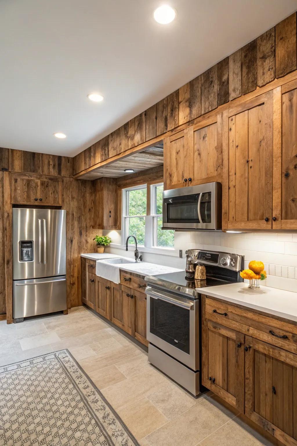 Rustic barnwood wainscoting enhancing a kitchen.