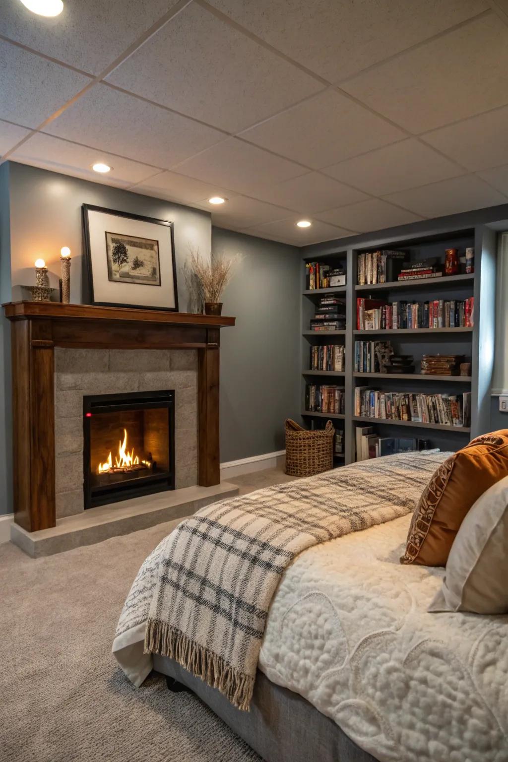 A false flame feature can add warmth and atmosphere to a windowless room.