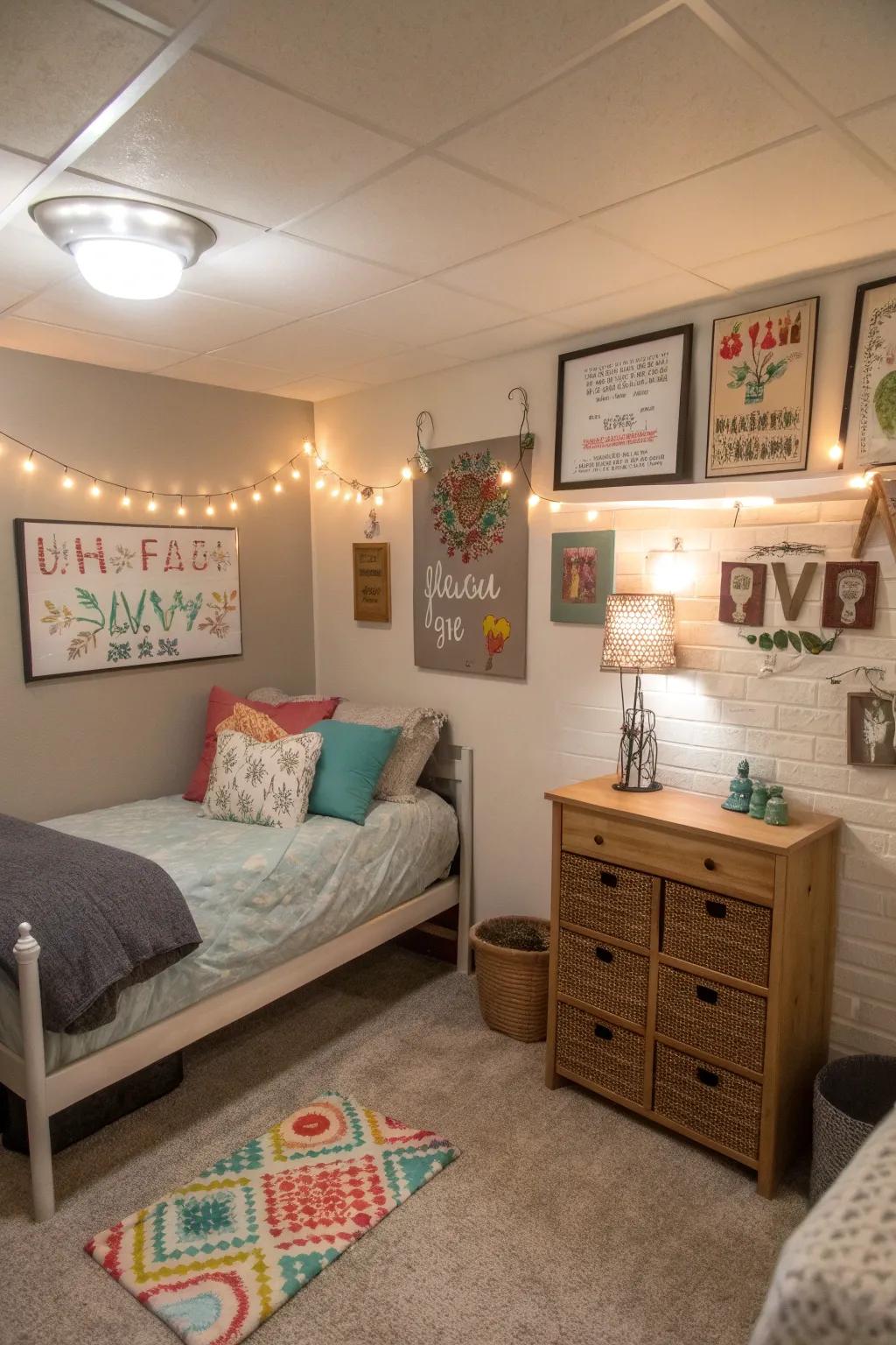 DIY decor projects add a personal touch to this basement bedroom.