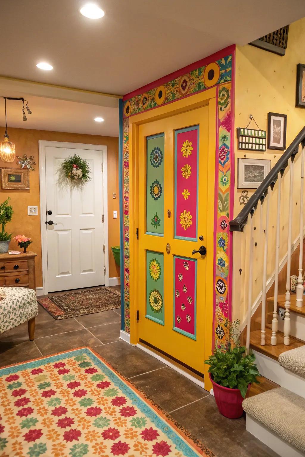 A boldly colored basement door adds personality and vibrancy to the home.