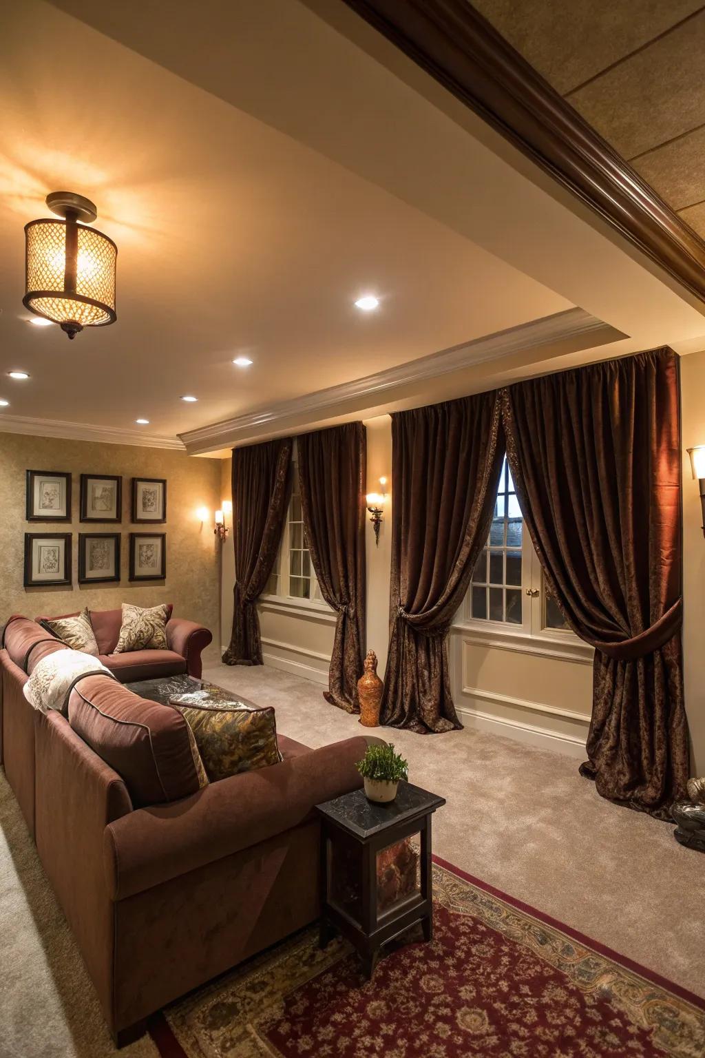 Curtains bring warmth and style to this well-designed basement.