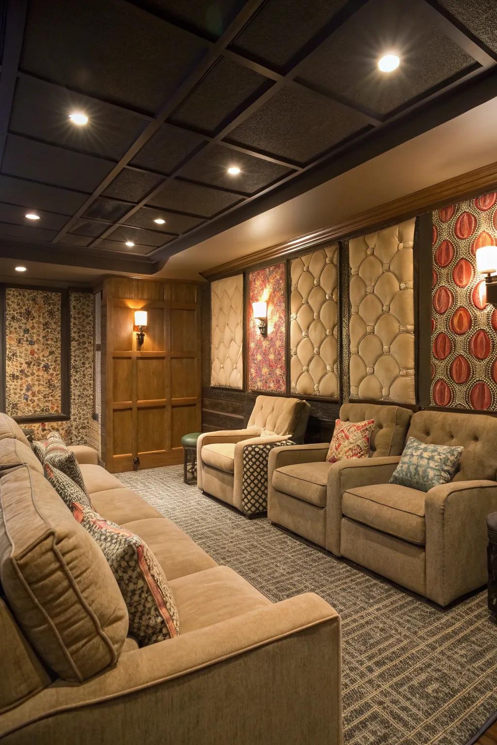 Fabric panels add warmth and soundproofing to basement media rooms.