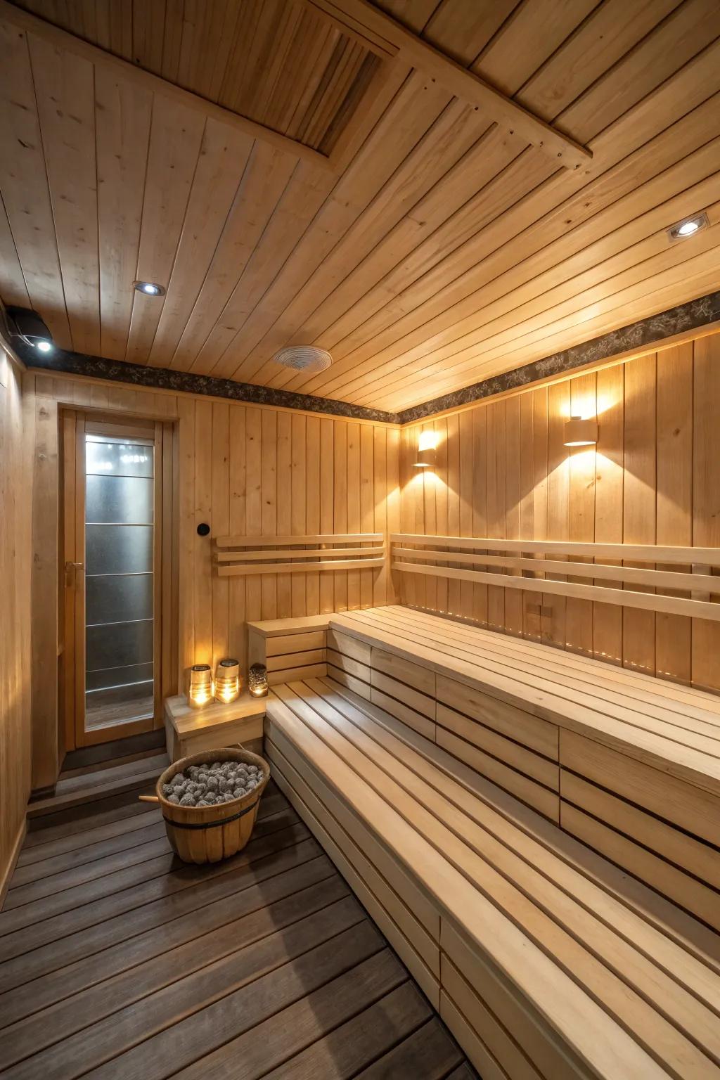 A luxurious sauna is apparent in the basement, exhibiting natural wood finishes and soft lighting.