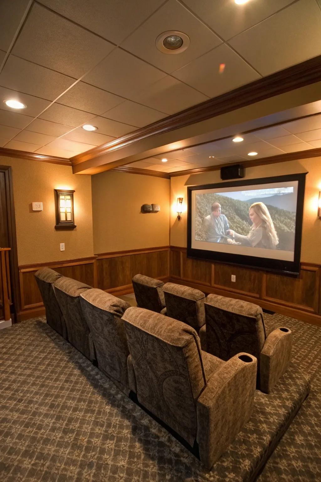 Smart space usage ensures a welcoming and well-organized custom home cinema setup.