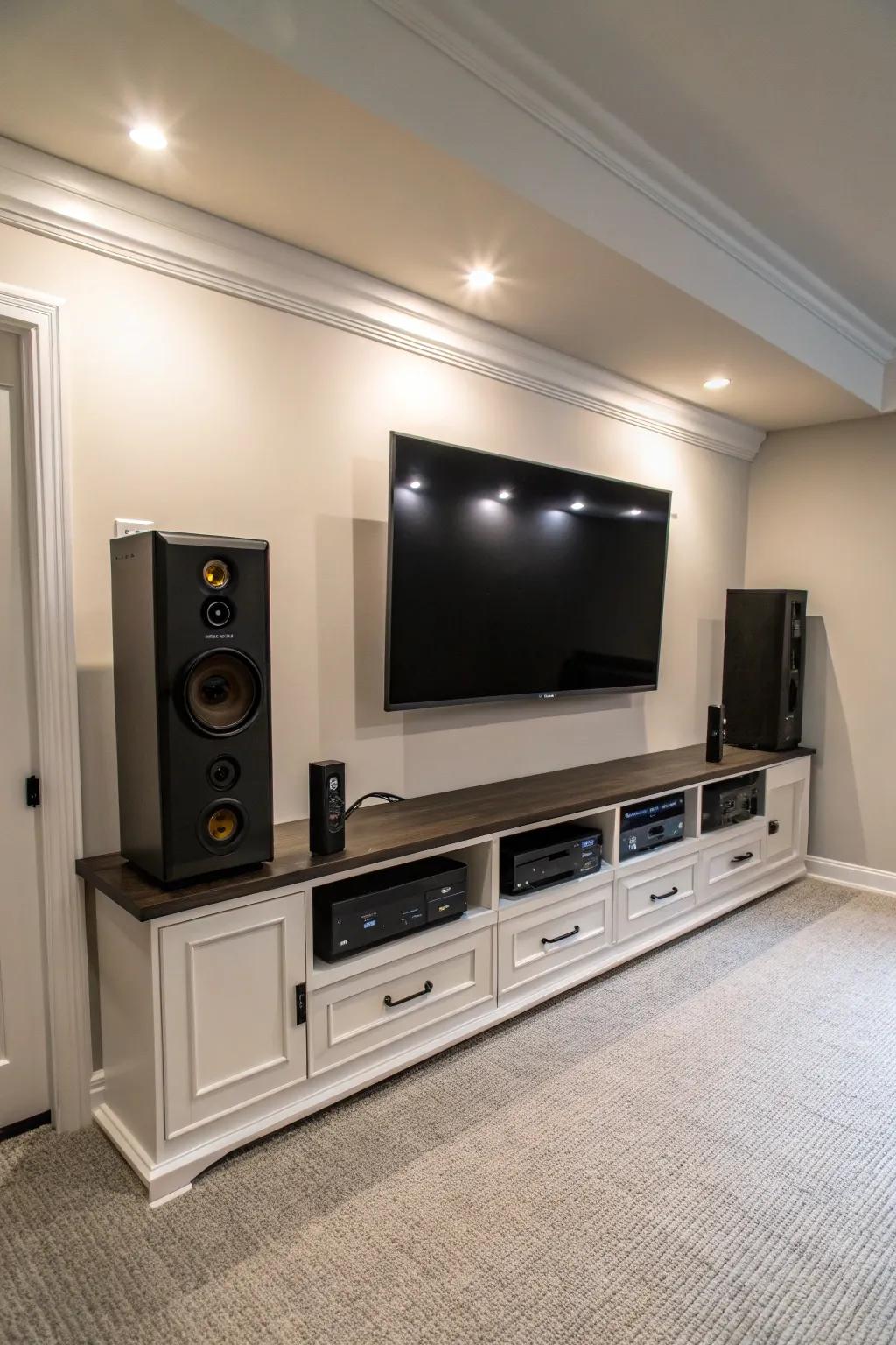 A basement TV feature showcasing chic partition-affixed speakers for an enhanced audio venture.