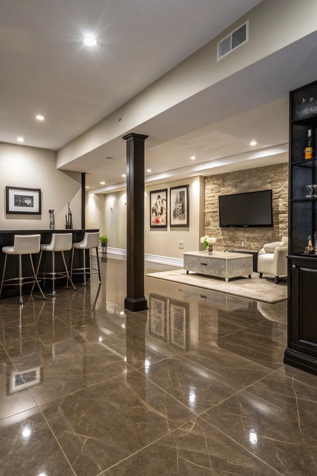 Glossy vinyl flooring provides a chic, polished finish.