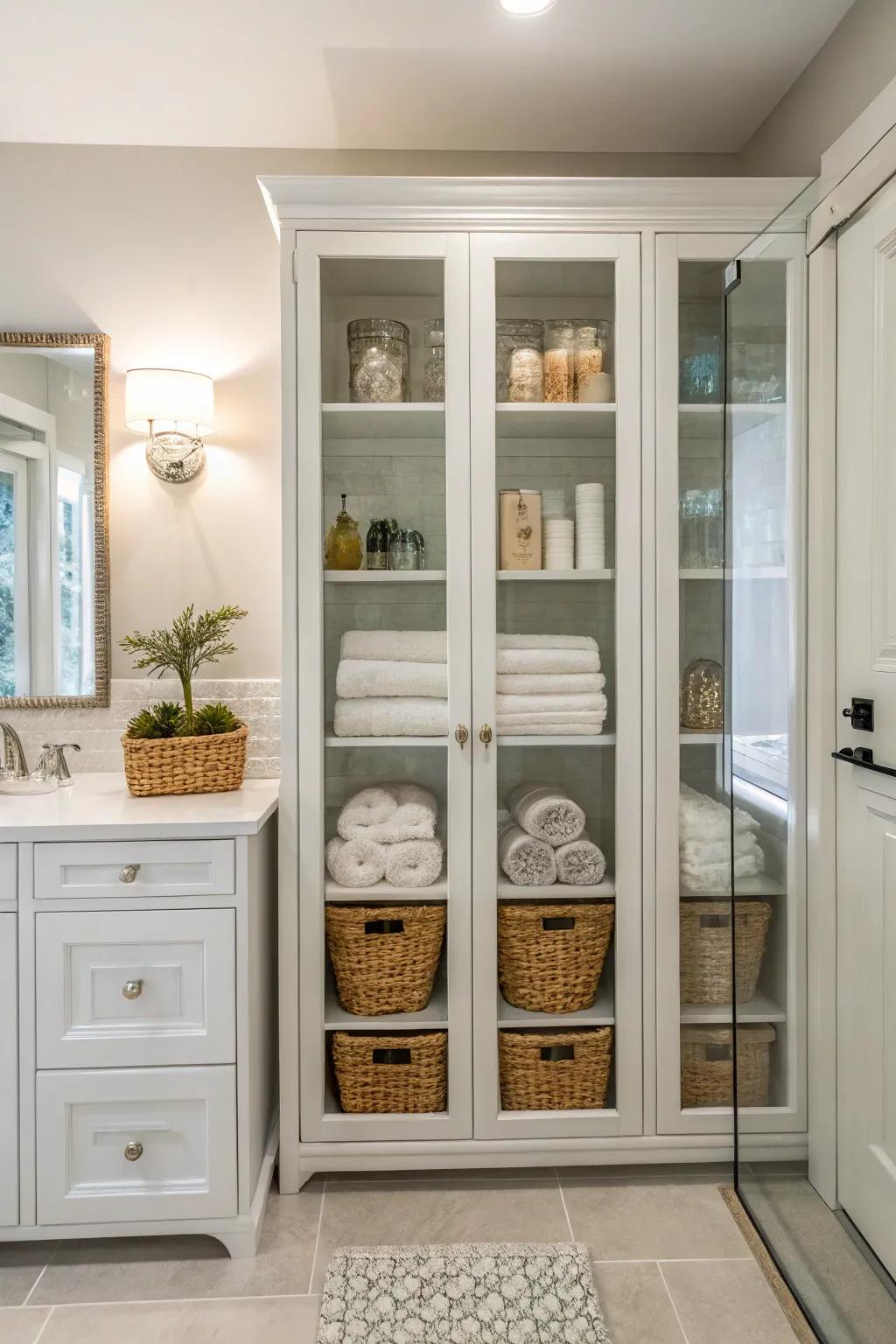 Glass-fronted cabinets gracefully display items while preserving them.