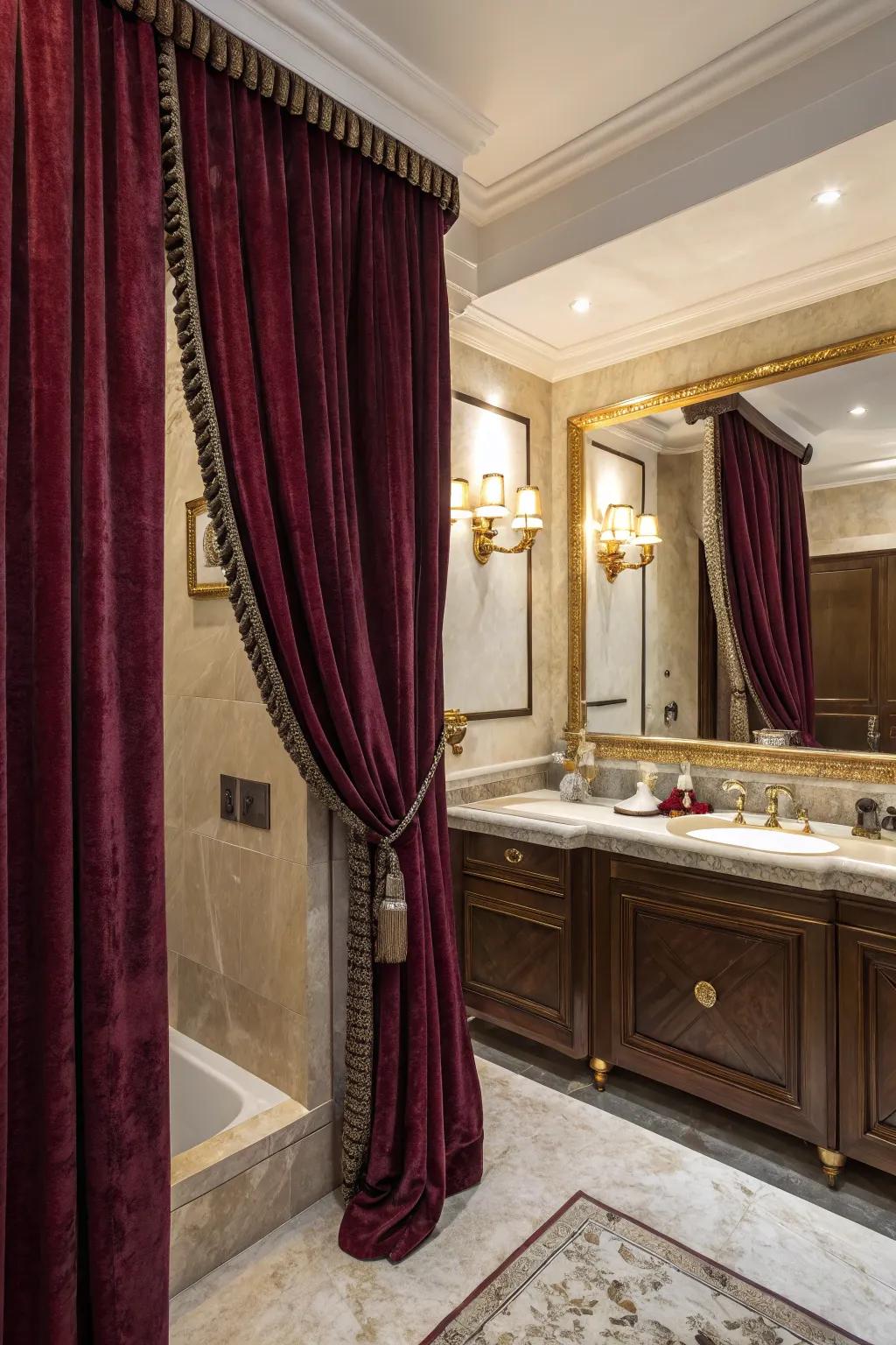Velvet coverings convey affluence and opulence to your restroom.