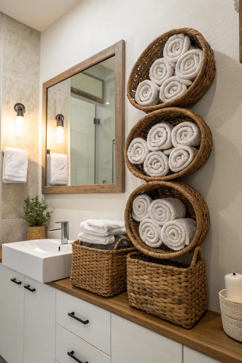 Mounted baskets offer an artistic and practical towel display.