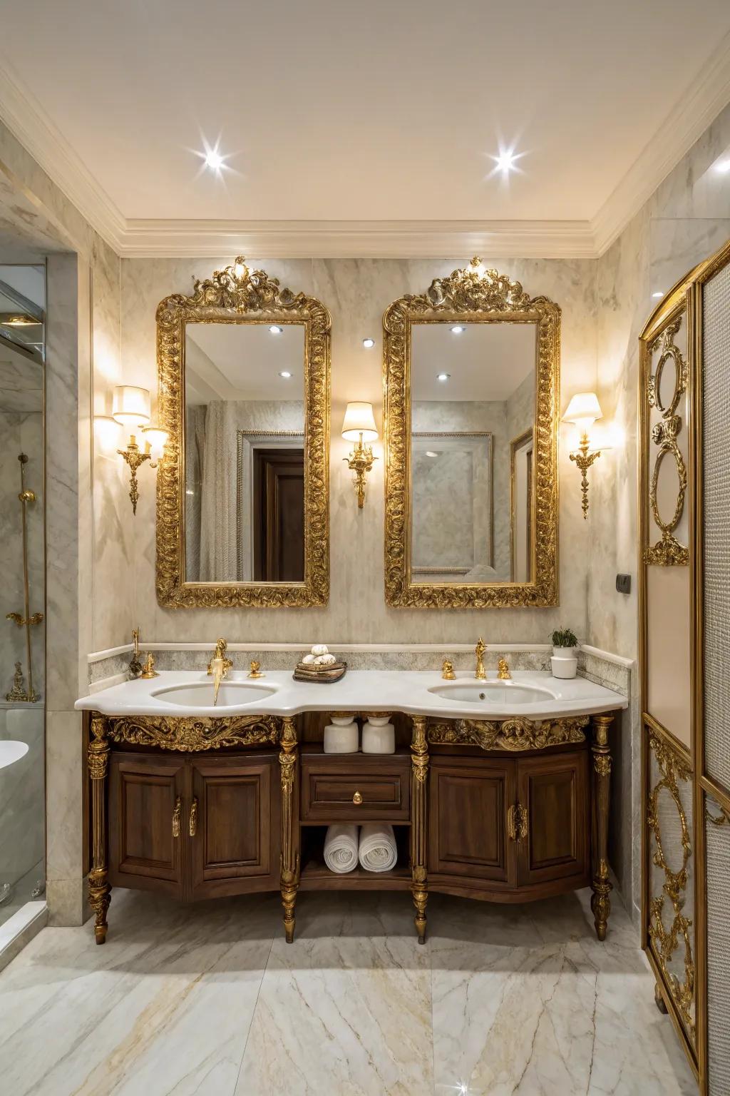 Ornate frames add luxury and grandeur to the bathroom design.