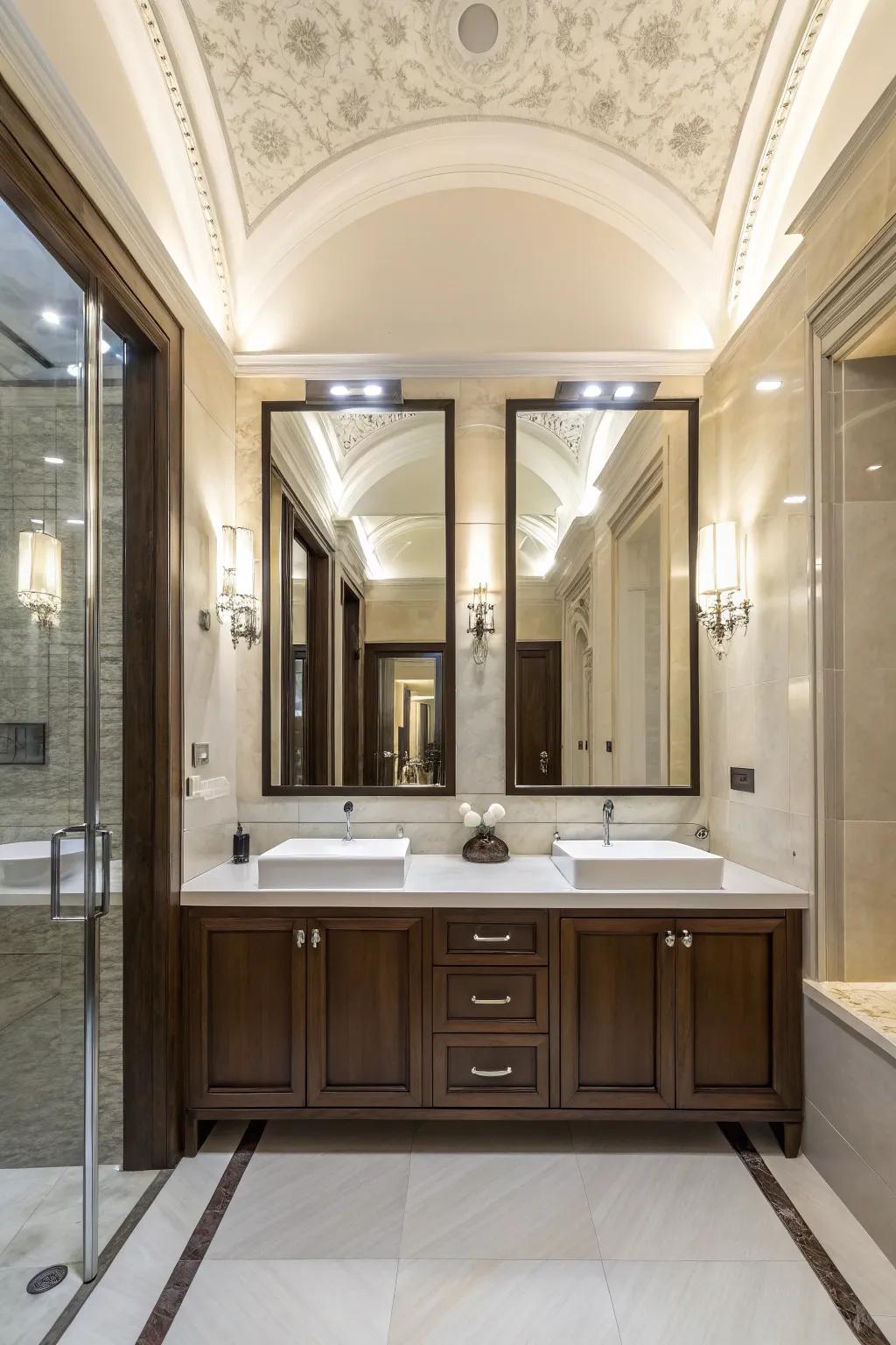 Tall mirrors can enhance the perception of space in a bathroom.