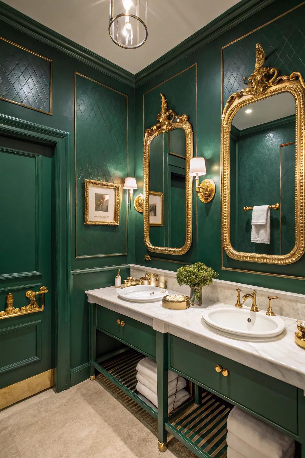 Emerald green walls add a lively and fancy touch to the bathroom.