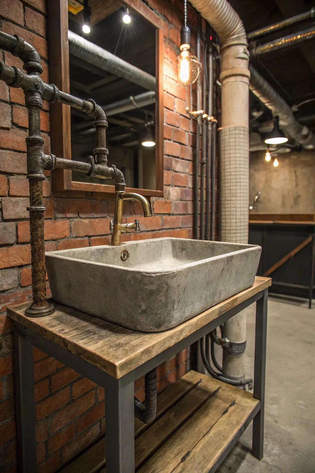 An industrial-style sink adds a contemporary edge to the bathroom.
