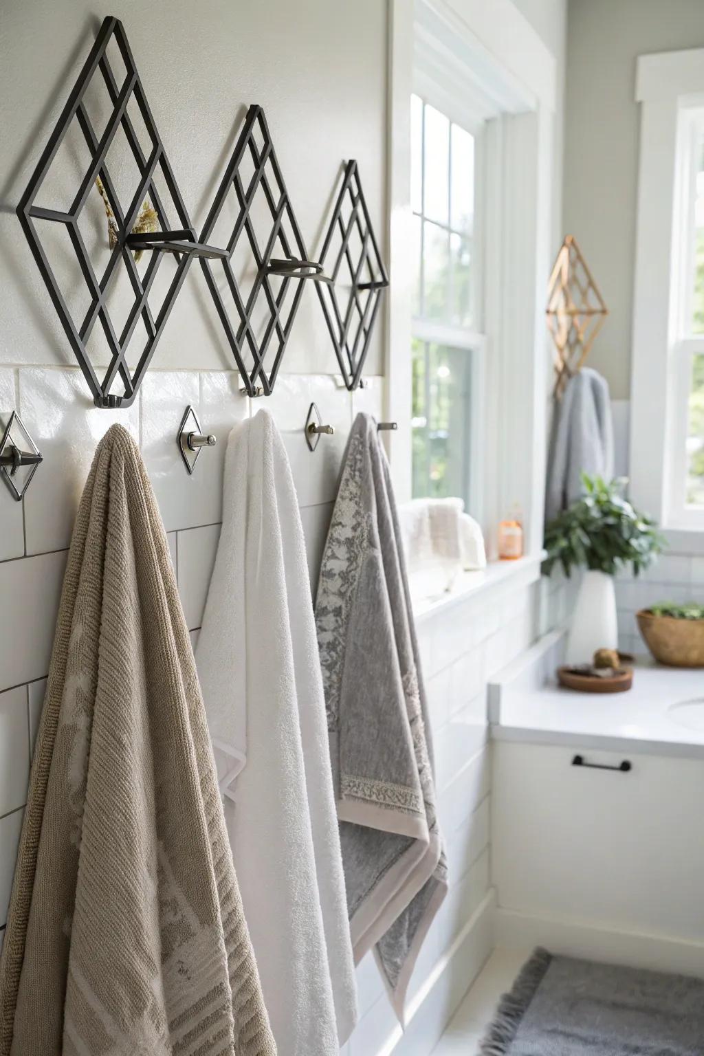 Geometric metal pegs create a bold expression.