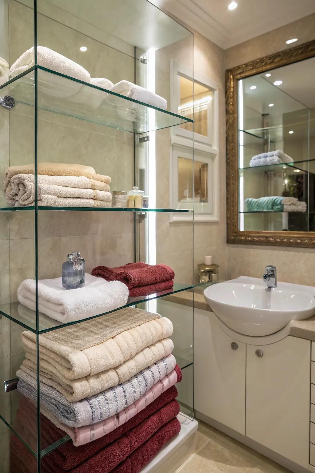 Glass shelves provide a modern and sleek storage solution.