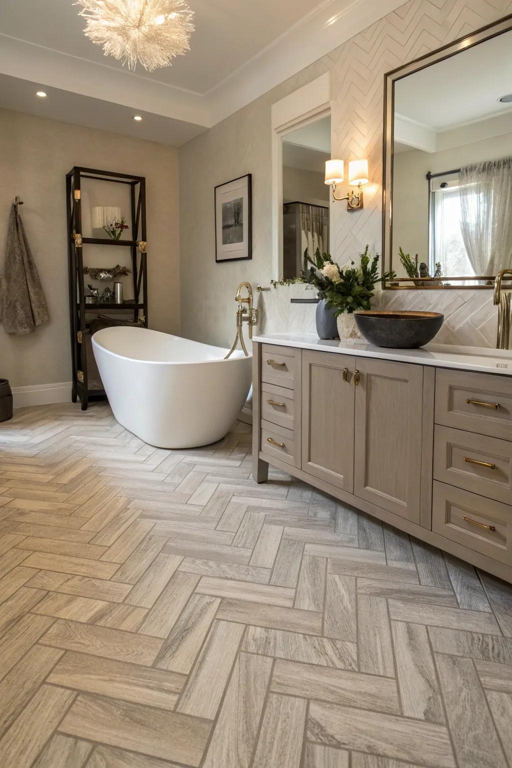 Herringbone resilient flooring adds elegance and sophistication to this bathroom.