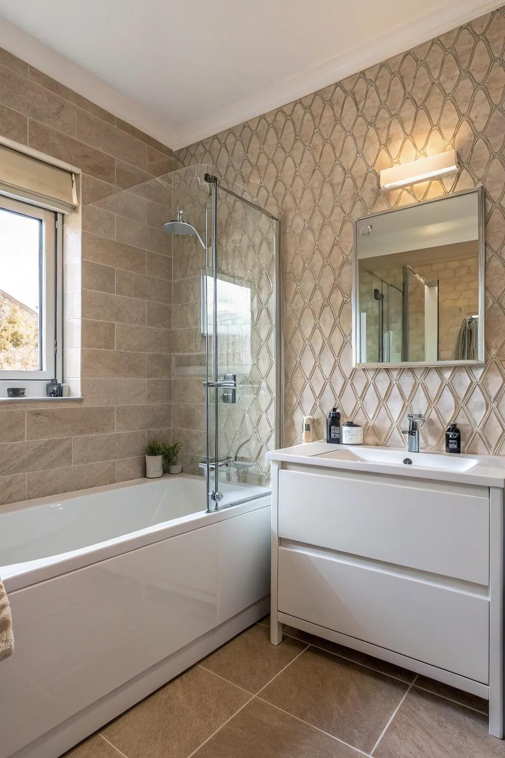 Textural details bring sophistication to bathroom walls.