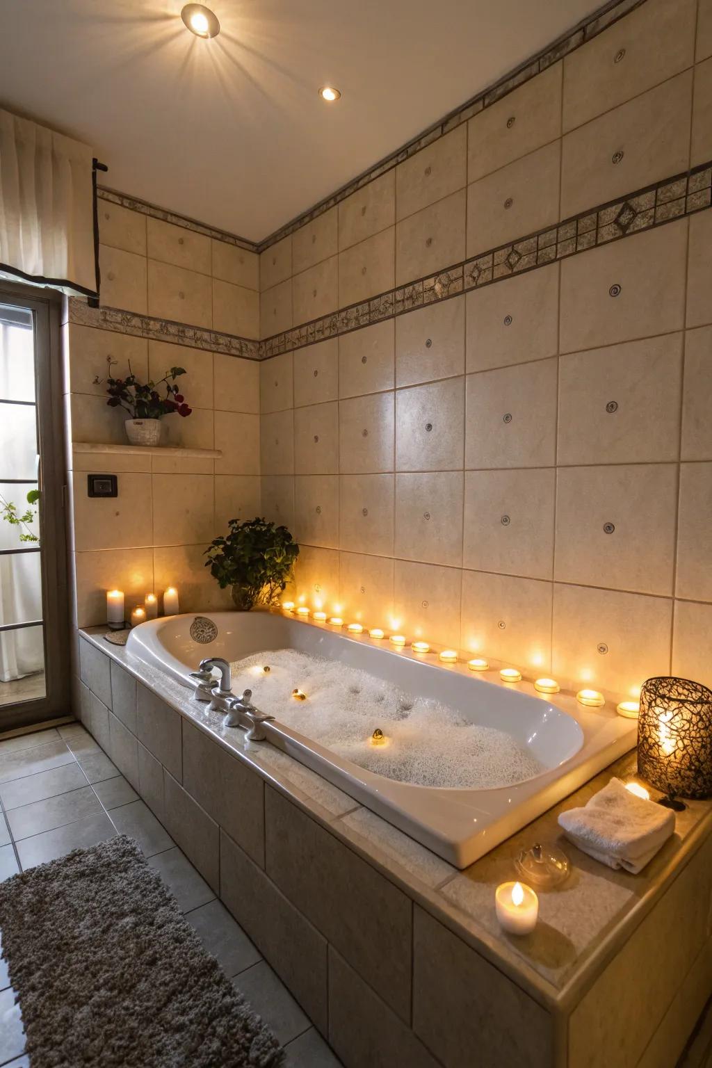 Ambient lighting enriches relaxation within this bathroom.