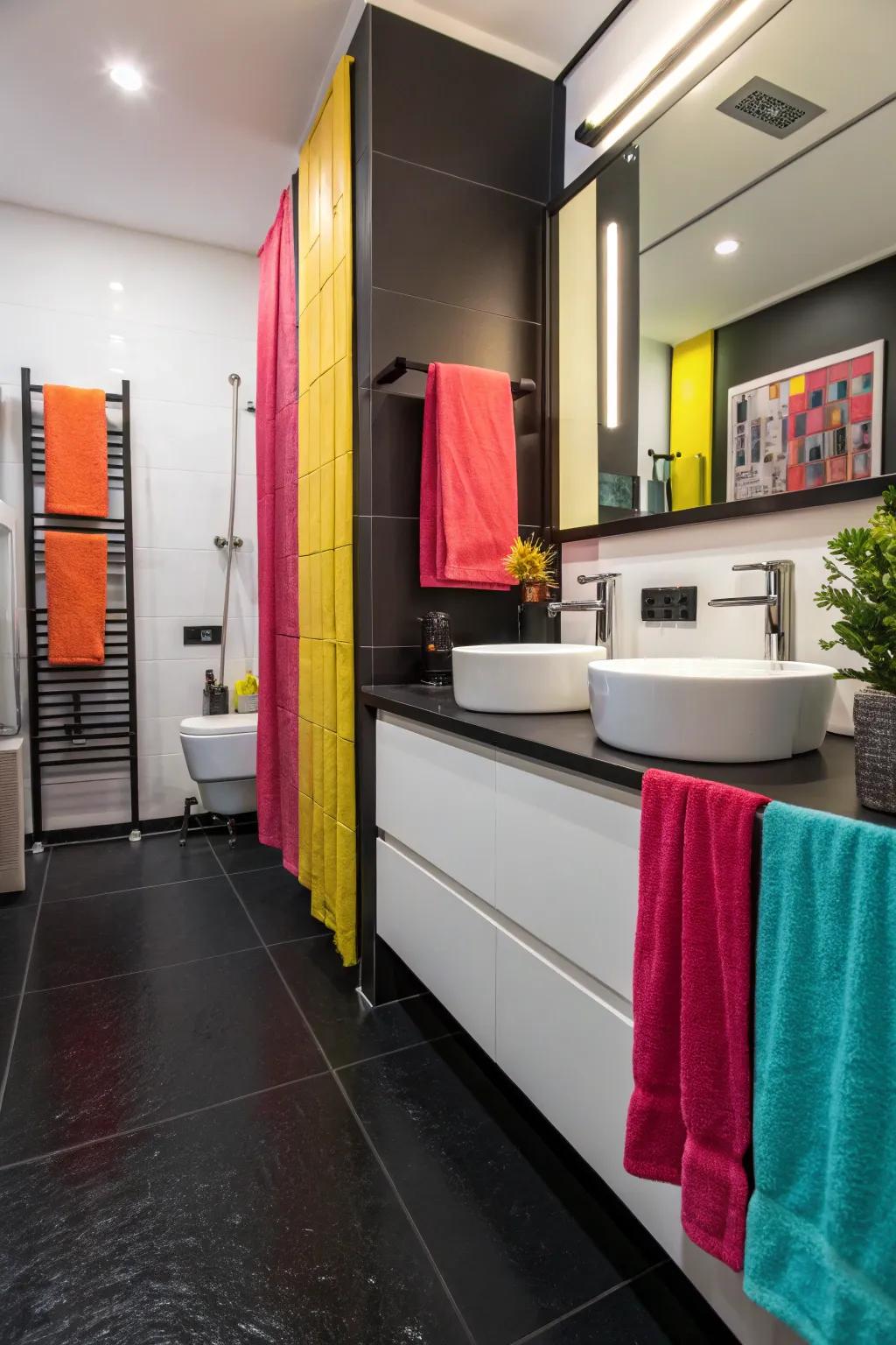 Bold color accents add personality and vibrance to the black floor.