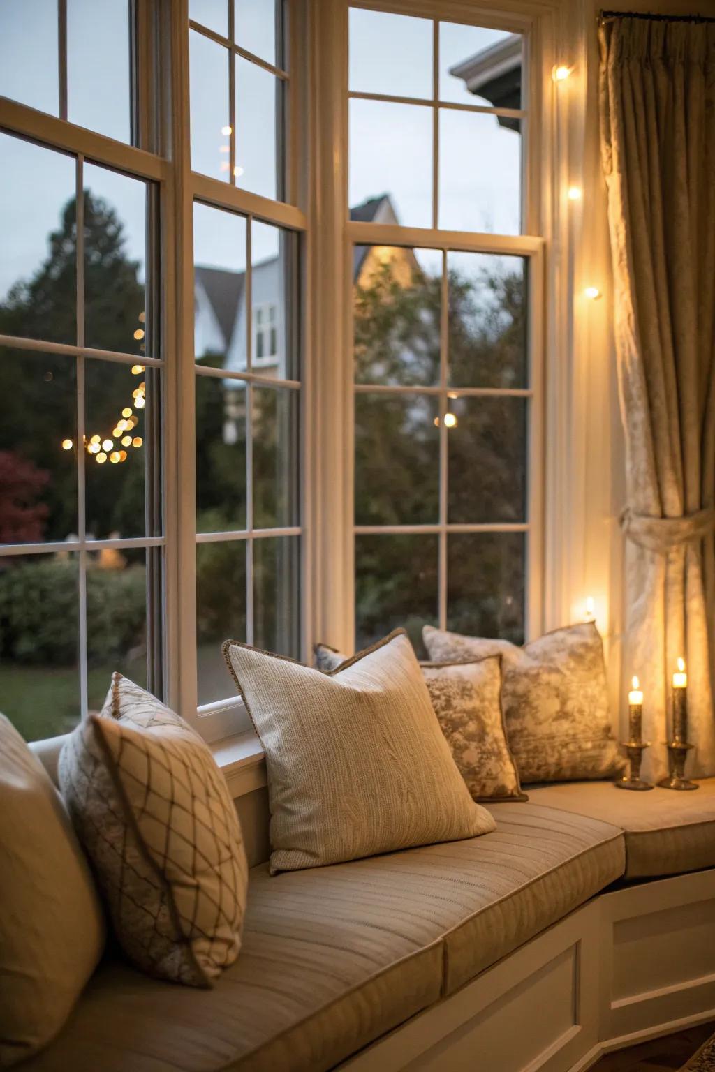 Neutral shades offer durable style and flexibility to your bay window setup.