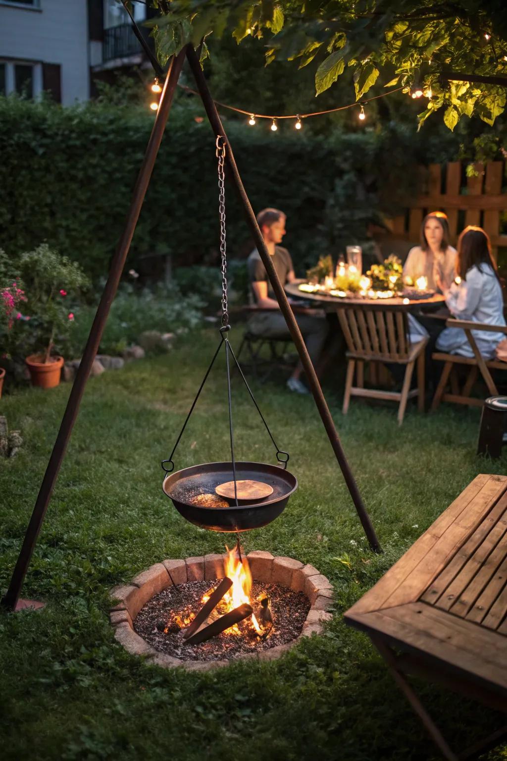 Unique overhead grill for a playful outdoor setting.