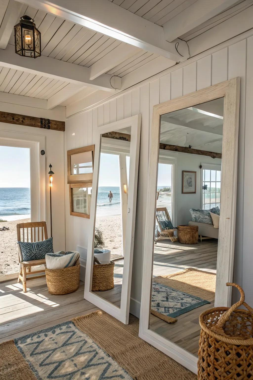 Mirrors enhancing space and light in this airy beach house.