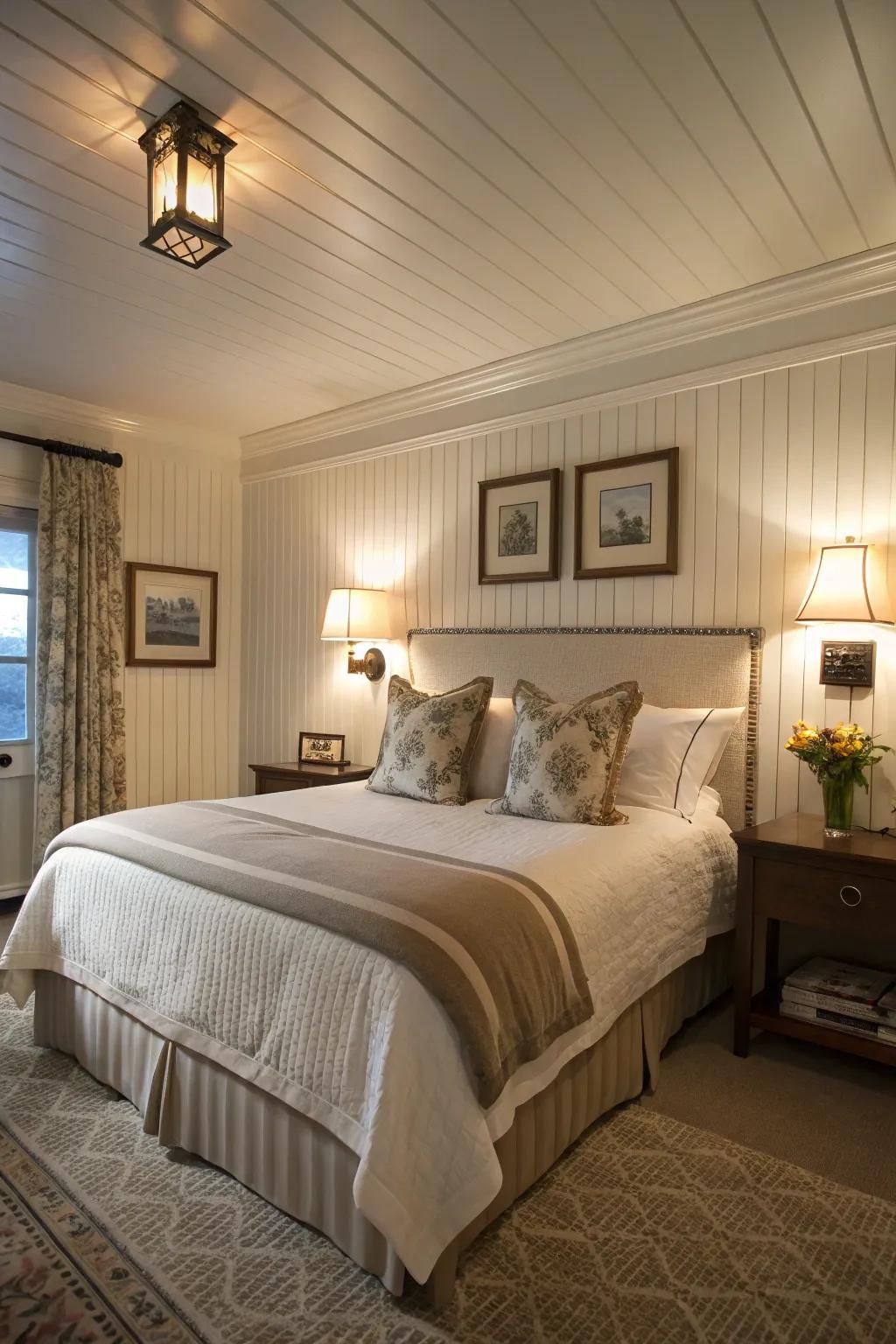A glamorous guest space featuring cozy beadboard touches.