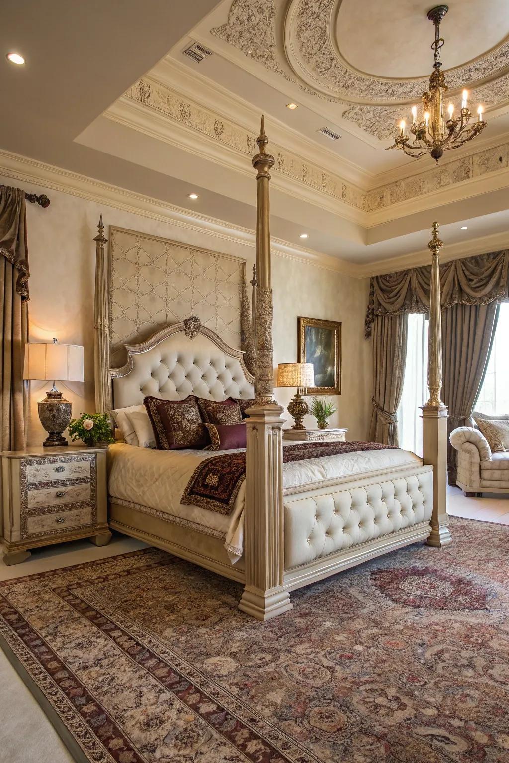 Textile-wrapped bedposts add a glamorous, luxurious touch.