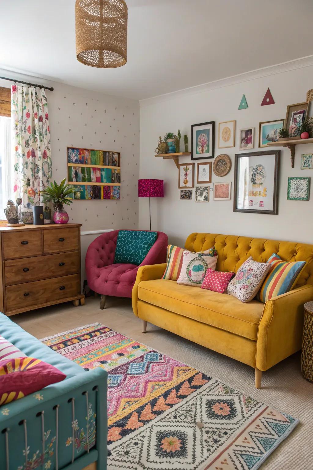An eclectic mix of settees in a bedroom, showcasing personal style.