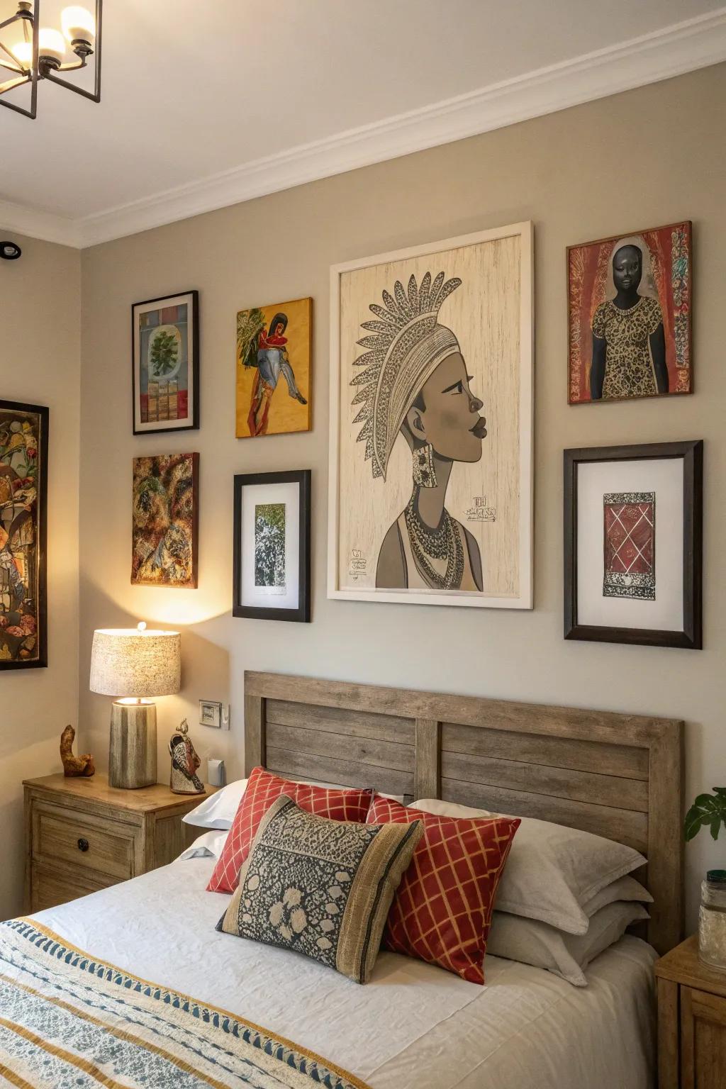 Unique wall art adds character and style to your bedroom.