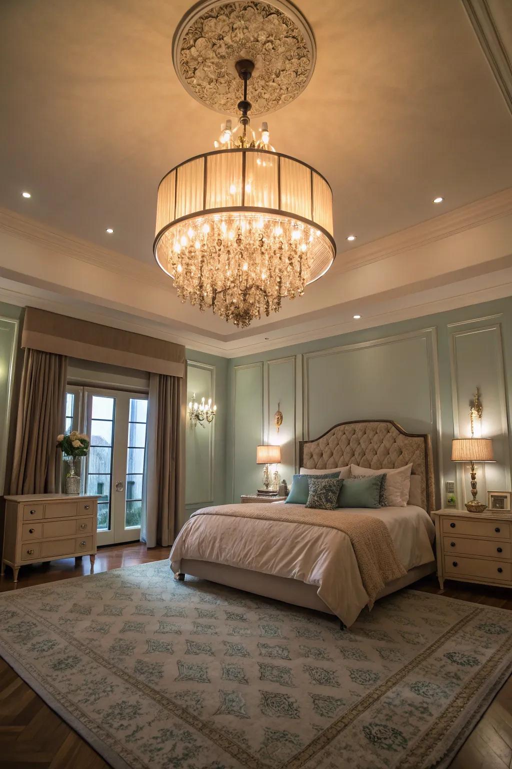 Remarkable illumination appends elegance to this fashionable bedroom.