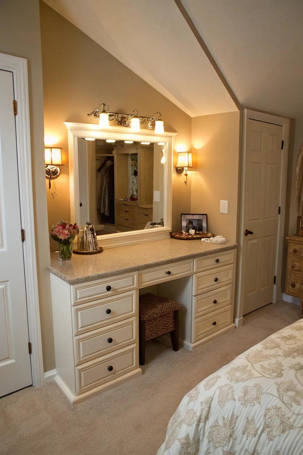 Improve your bedroom using a stylish built-in vanity in the knee wall.