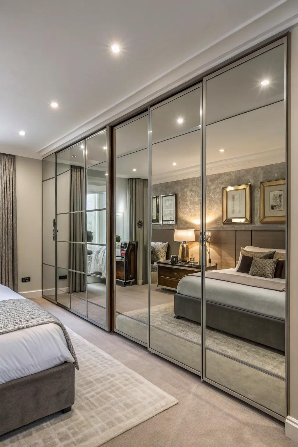 Wall mirror panels create an expansive and dramatic effect in the bedroom.
